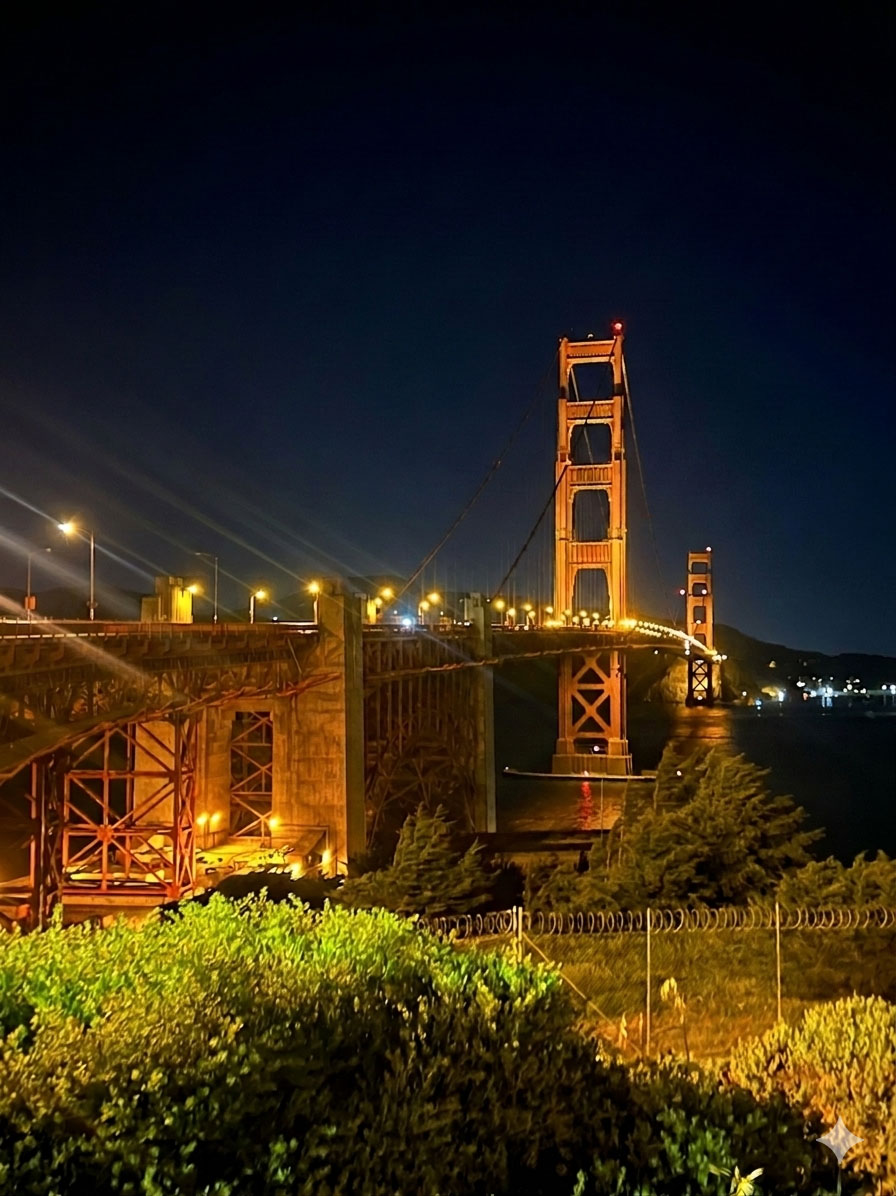 Golden Gate Bridge illuminated at night