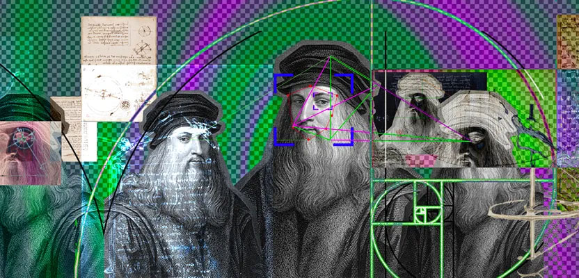 Leonardo da Vinci portraits with geometric overlays