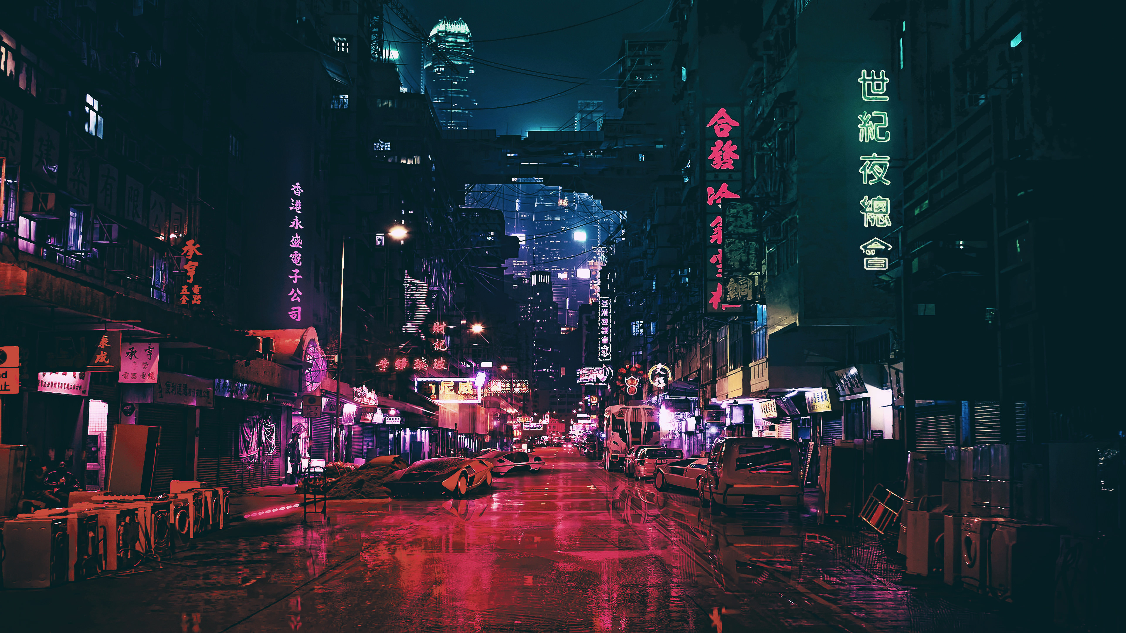 Neon city street at night